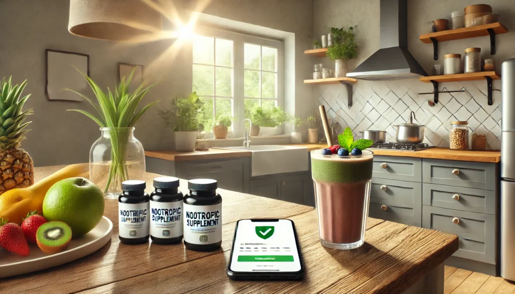 Bright modern kitchen with nootropic bottles, a smoothie with leafy greens and berries, and a smartphone confirming an online order—evoking health, energy, and trust.
