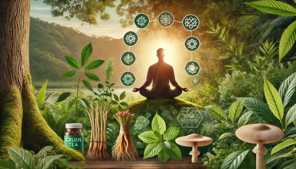 Tranquil outdoor setting with a person meditating amid natural nootropic plants such as ginseng and green tea, under warm sunrise light, evoking clarity, focus, and calm energy.