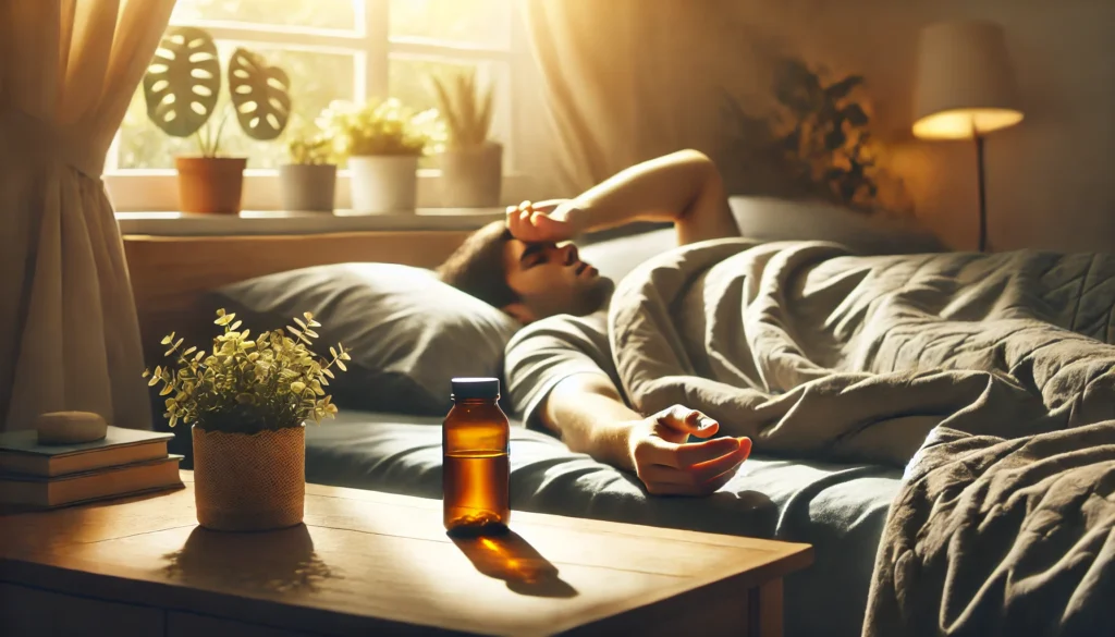 Person lying in bed during daytime with a half-empty vitamin bottle on the nightstand, room bathed in sunlight, conveying sleepiness potentially related to vitamin intake