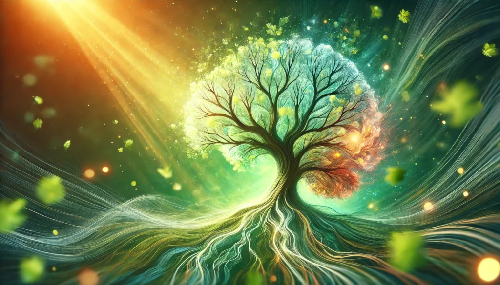 Abstract image of a tree with branches transforming into neural pathways, bathed in soft sunlight to symbolize the link between nature, brain health, and cognitive performance.
