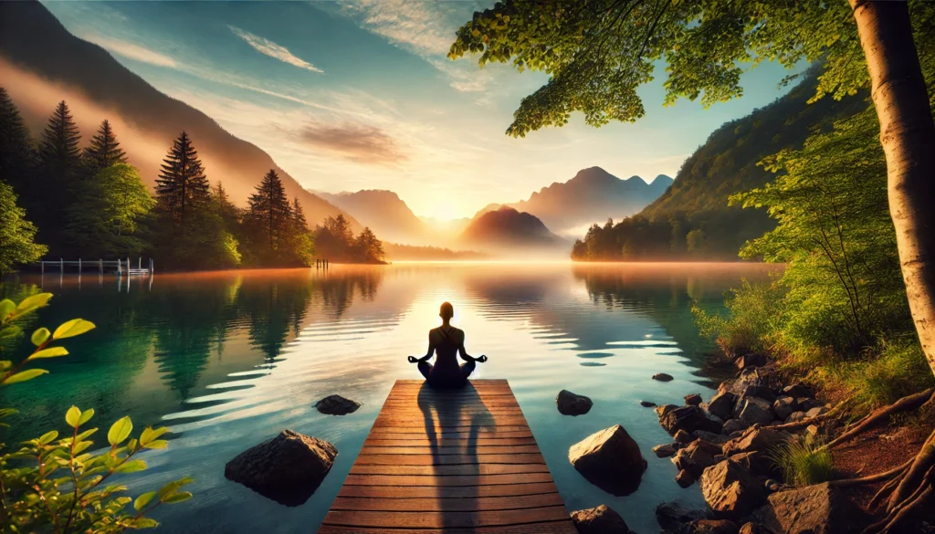 Peaceful lakeside scene at sunrise with a person meditating in front of misty mountains, capturing a sense of inner calm, balance, and natural energy restoration through mindful practices.
