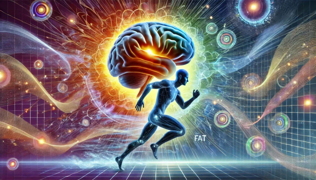 A futuristic and vibrant digital artwork illustrating the connection between brain function and weight loss, featuring a glowing brain with swirling energy waves and a fit individual running.