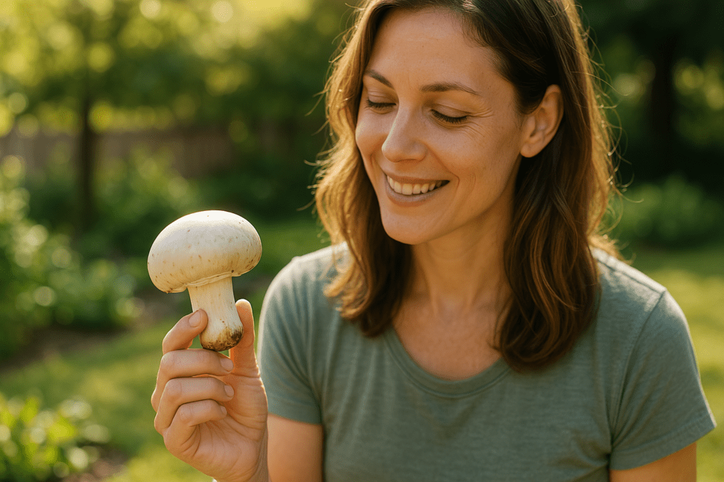 A light-skinned woman smiles gently as she inspects a fresh white mushroom in her hand while standing in a sunlit garden, emphasizing the natural setting and the health benefits of mushrooms. The warm morning light and soft-focus greenery convey a sense of wellness and connection to nature.