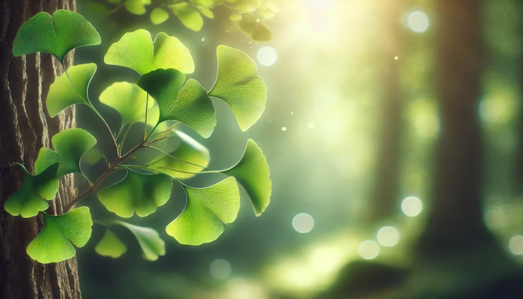 A tranquil forest scene featuring a mature ginkgo biloba tree with vibrant fan-shaped green leaves, illuminated by soft sunlight to symbolize natural brain health support.