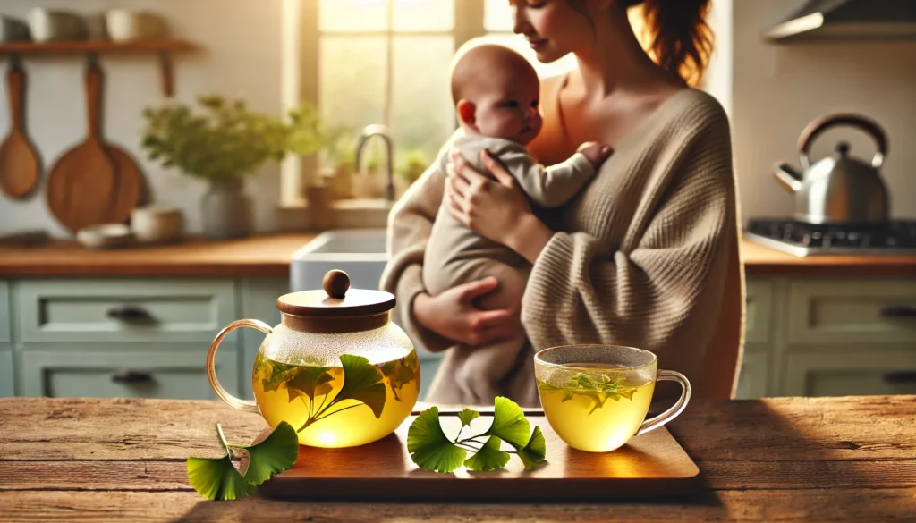 A mother holding her baby in a softly lit kitchen while preparing herbal tea with fresh Ginkgo biloba leaves, symbolizing natural wellness during breastfeeding.