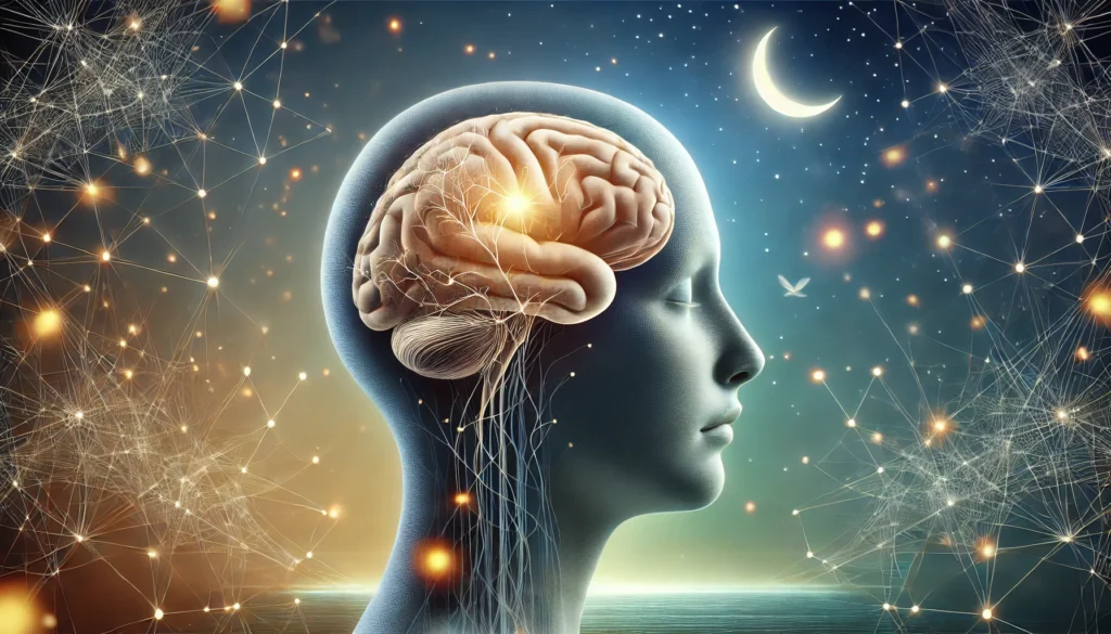 Artistic representation of a human brain with highlighted sleep-regulating regions, surrounded by neural pathways and set against a gradient from night to day, evoking the science of narcolepsy.