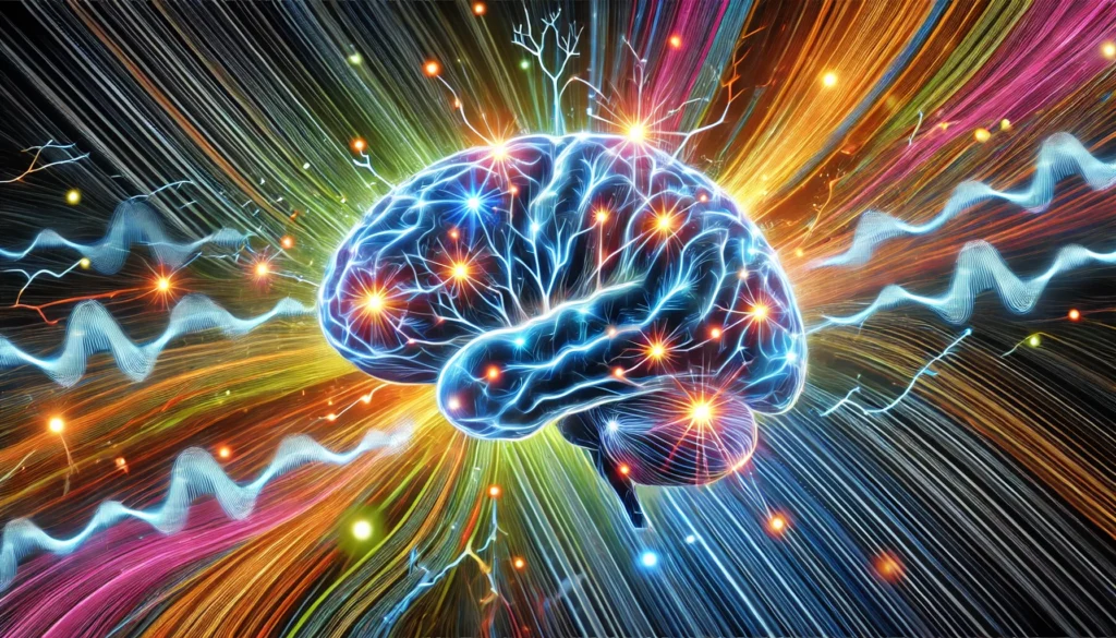 Colorful neural pathways and glowing synapses in a scientific brain illustration, representing how cataplexy drugs impact brain activity and cognitive clarity.