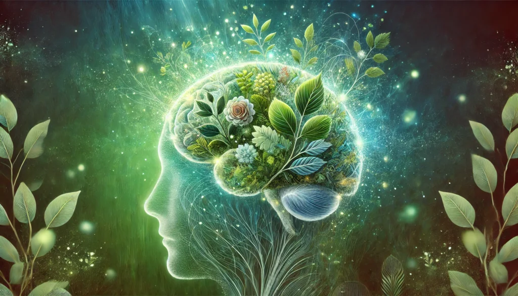 An abstract brain composed of leaves and herbs with glowing neural pathways, conveying nature-inspired nootropic enhancement for energy, focus, and weight support.