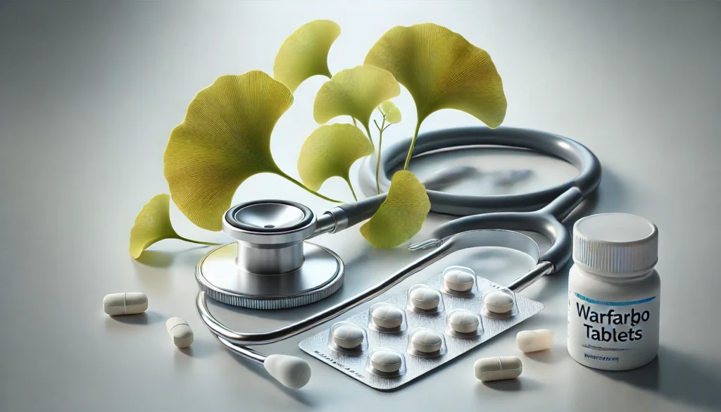 Fresh Ginkgo biloba leaves placed beside red and white warfarin tablets on a clinical background, symbolizing natural supplement interaction with pharmaceutical blood thinners.
