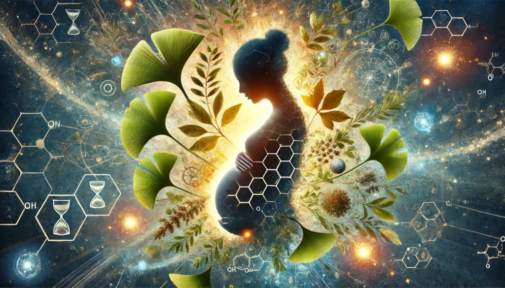 Artistic silhouette of a pregnant figure surrounded by glowing ginkgo leaves and herbal elements, representing the intersection of traditional healing and modern prenatal science.