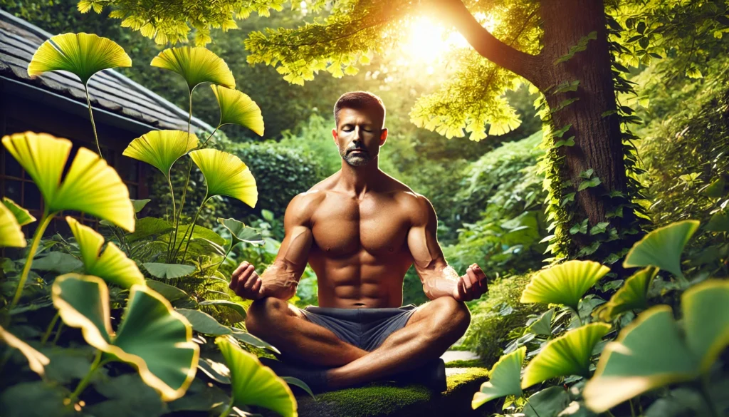 Peaceful middle-aged man meditating in a ginkgo-filled garden, reflecting harmony, hormone balance, and natural wellness.