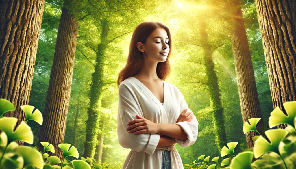 A confident young woman standing peacefully in a lush forest surrounded by vibrant green ginkgo biloba trees, bathed in golden light to symbolize feminine vitality, natural wellness, and libido support.