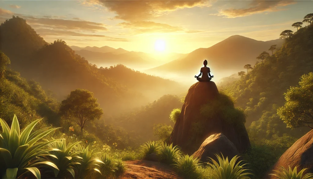 A serene natural landscape with a person meditating on a mountain top at sunrise, symbolizing mental clarity, stress relief, and relaxation.