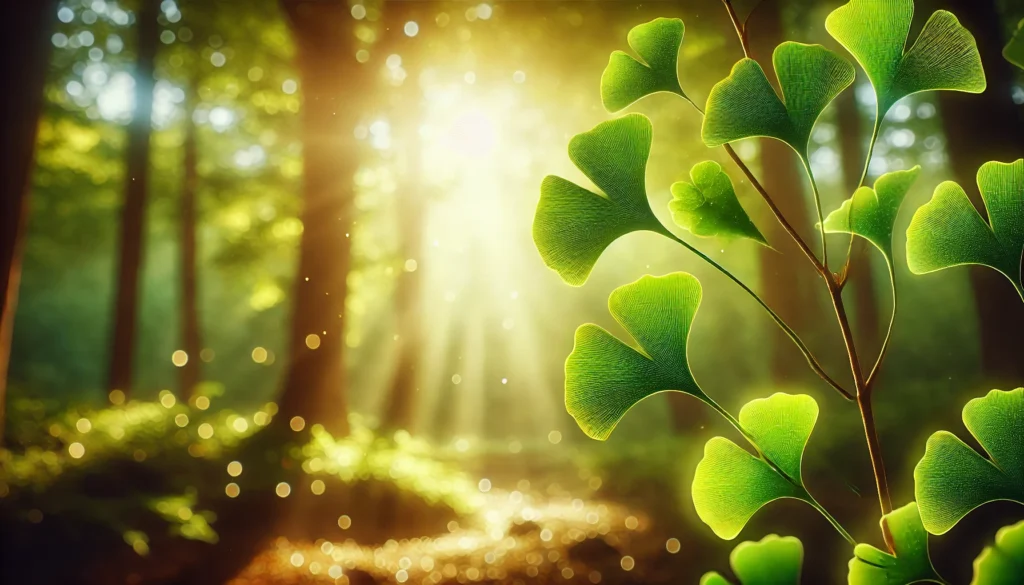 Close-up of fresh Ginkgo biloba leaves glowing in sunlight in a tranquil forest, symbolizing natural brain support and mental clarity.