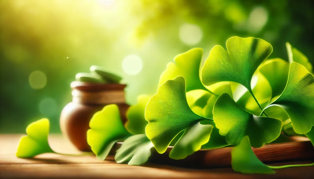 Close-up of fresh Ginkgo Biloba leaves glowing under warm sunlight in a tranquil natural setting, symbolizing herbal vitality and natural wellness.