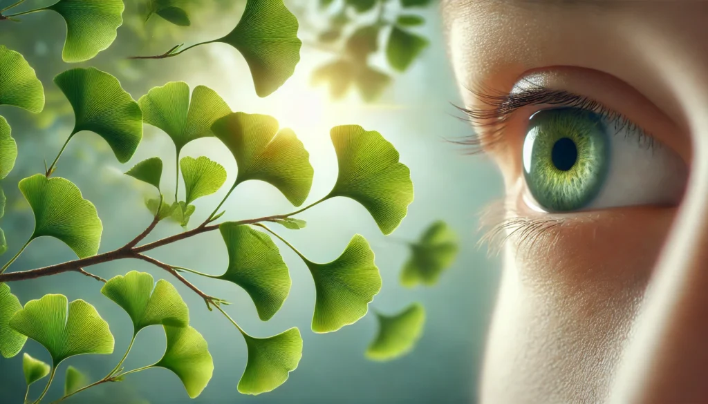 Close-up of vibrant green Ginkgo Biloba leaves glowing in sunlight, with a soft background featuring a human eye observing the tree, symbolizing natural support for vision health.