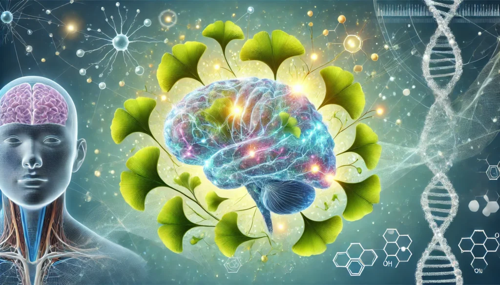 Illustration of Ginkgo biloba leaves merging into a glowing human brain surrounded by vibrant synaptic connections and neurotransmitter activity, symbolizing brain health and cognitive support.
