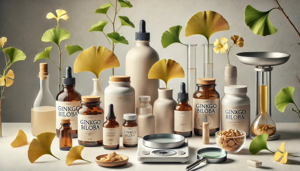 Professional still life of assorted Ginkgo biloba supplements, lab tools, and quality control instruments arranged for comparison on a marble surface.