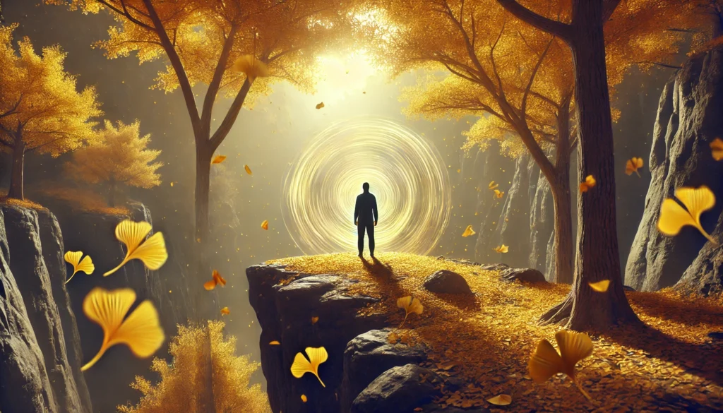 A person stands steadily on a rocky cliff surrounded by golden ginkgo trees, with swirling leaves and warm sunlight symbolizing balance, calm, and natural relief from vertigo.