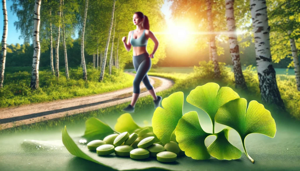Ginkgo Biloba leaves in focus with a woman jogging on a forest trail in the background, symbolizing natural support for weight loss and mental clarity."