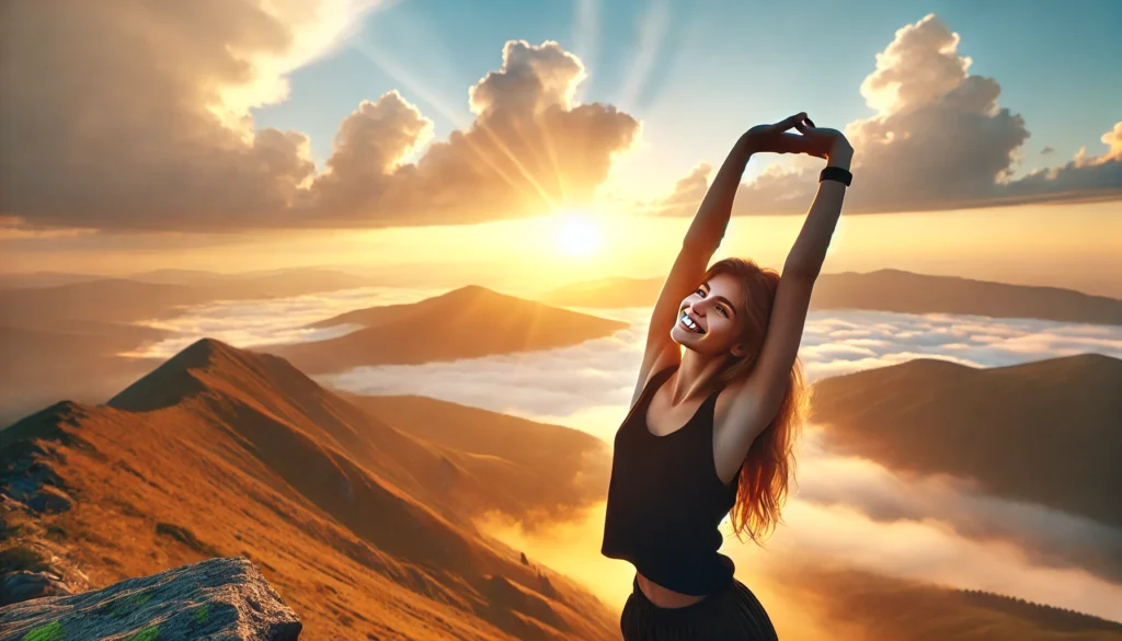Young person stretching at sunrise on a mountain peak above the clouds, capturing natural vitality, mental freshness, and clarity at dawn.
