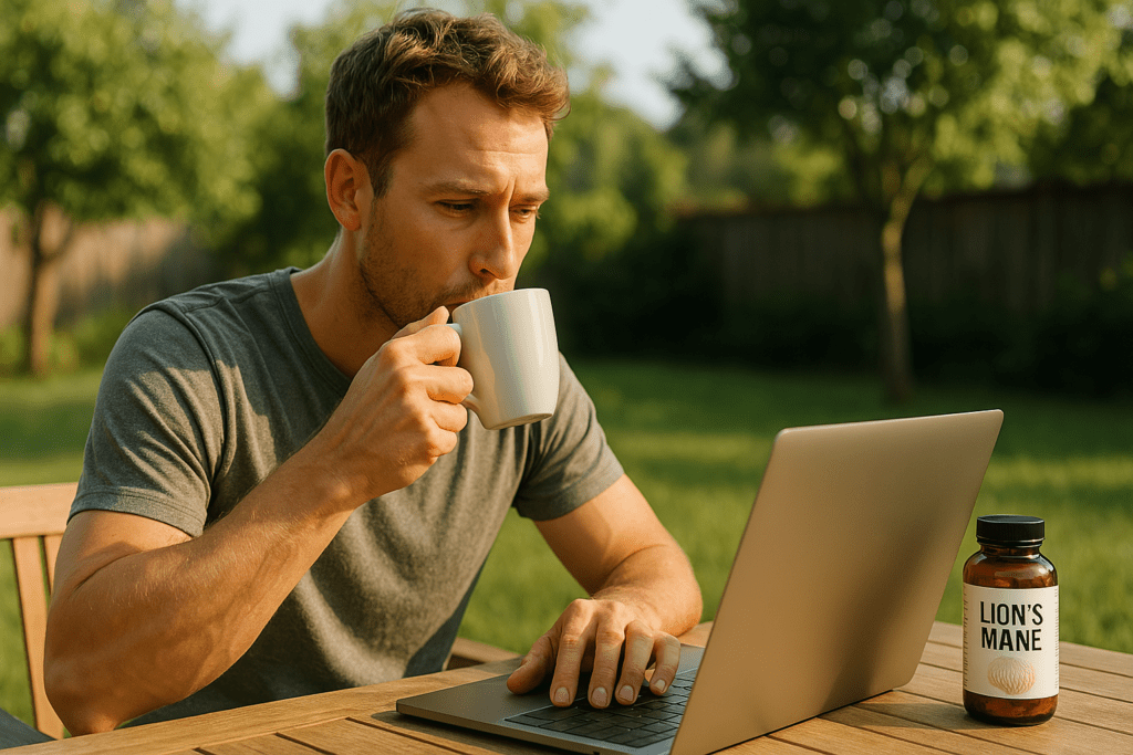 A man in his early 30s sits outdoors at a wooden table in a sunlit backyard, sipping coffee while using a laptop, with a Lion’s Mane supplement bottle nearby. The soft natural morning light and tranquil setting visually reinforce a science-backed morning ritual for brain health and focus.