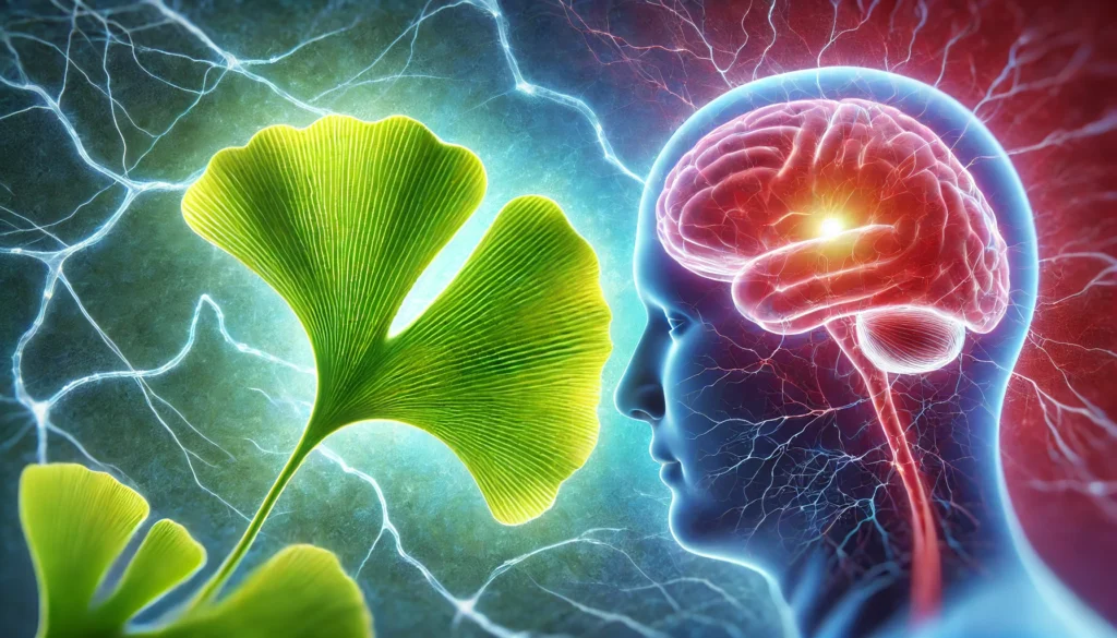 Close-up of a glowing green Ginkgo biloba leaf with abstract brain background showing neural migraine patterns in red and blue."