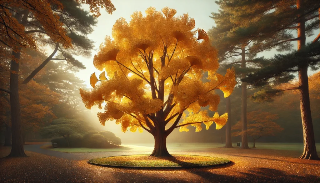 Golden Ginkgo Biloba tree in full autumn color standing alone in a peaceful park, with fan-shaped leaves scattered on the ground.