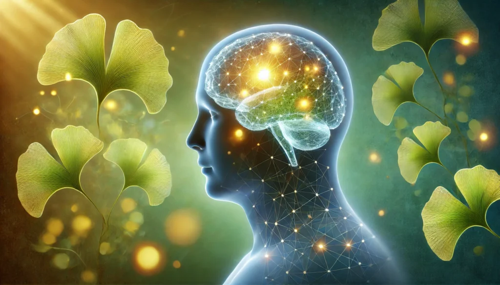 Conceptual image of a human brain illuminated with soft green and golden light, surrounded by abstract Ginkgo biloba leaves, symbolizing natural neurological support for seizure relief.