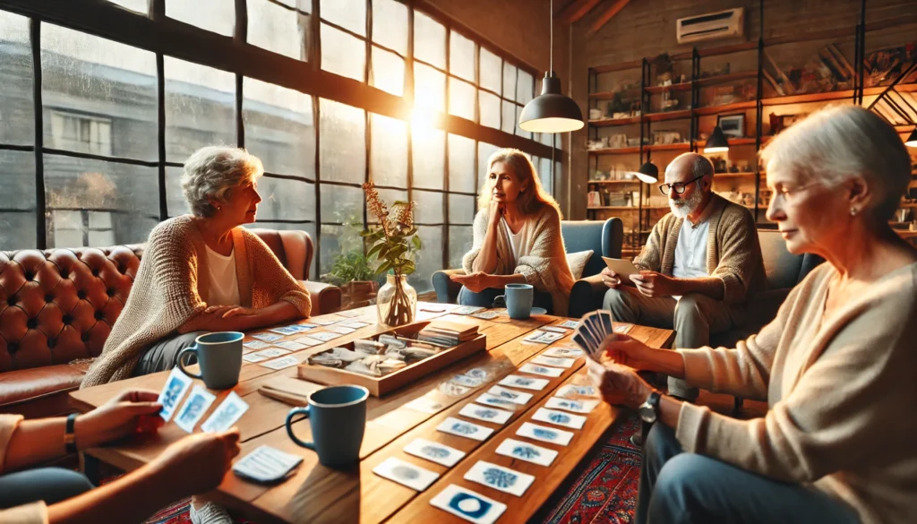 Group of adults engaging in memory-enhancing games in a cozy setting, highlighting social and collaborative exercises to improve memory and focus.