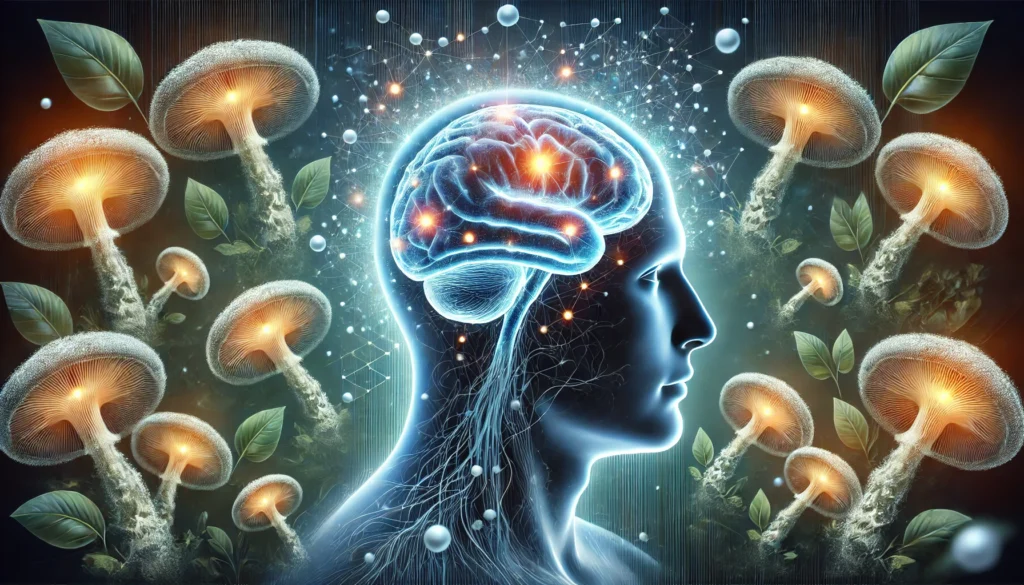 Glowing human brain surrounded by abstract Lion’s Mane mushrooms and neural energy, symbolizing cognitive clarity and focus support through natural supplementation.