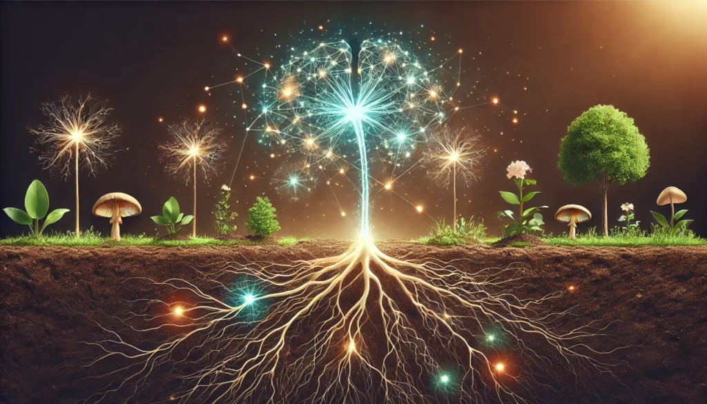 Artistic depiction of a brain formed from organic foods like berries, leafy greens, and nuts, highlighting the role of nutrition in supporting brain cell health.
