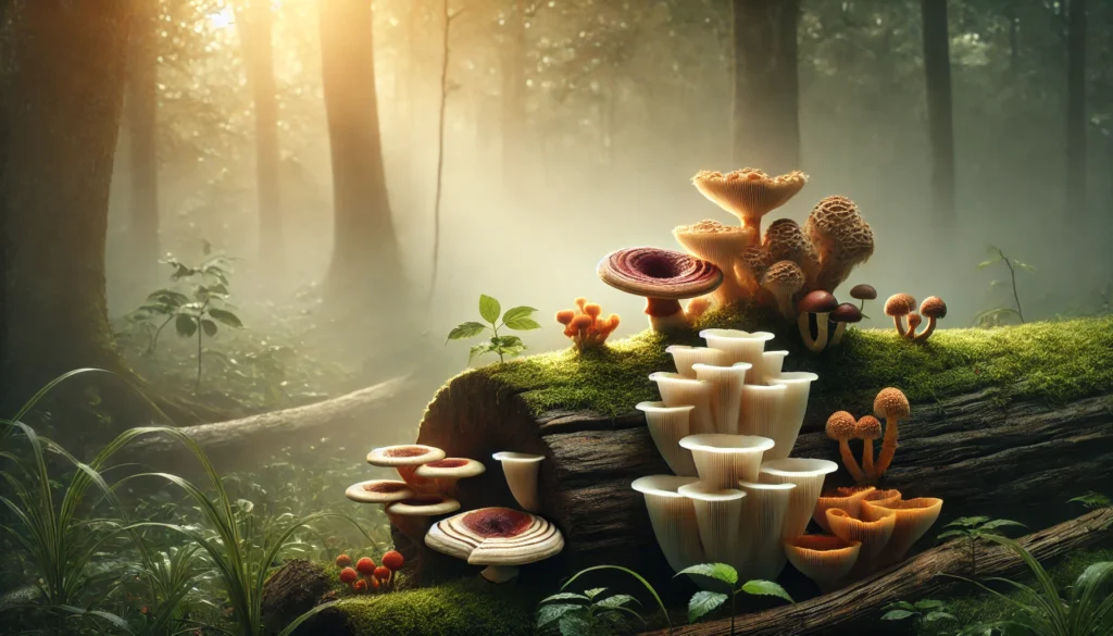 A serene forest scene with reishi, lion’s mane, and cordyceps mushrooms growing naturally on tree trunks and logs in a misty woodland setting, symbolizing natural stress relief and brain support.