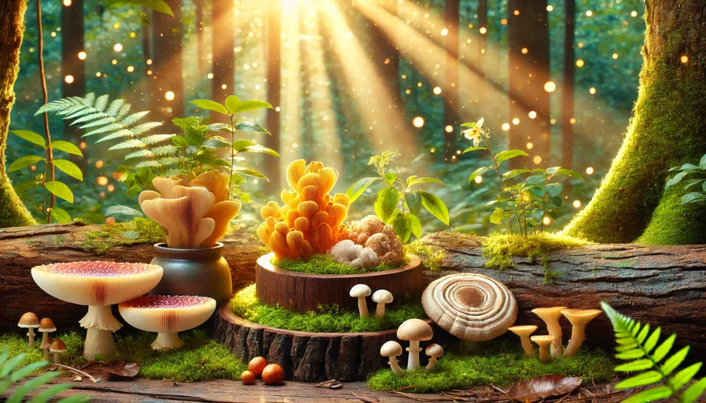 “Medicinal mushrooms including Lion’s Mane, Reishi, and Cordyceps growing naturally in a sunlit forest, symbolizing organic nootropic sources.”