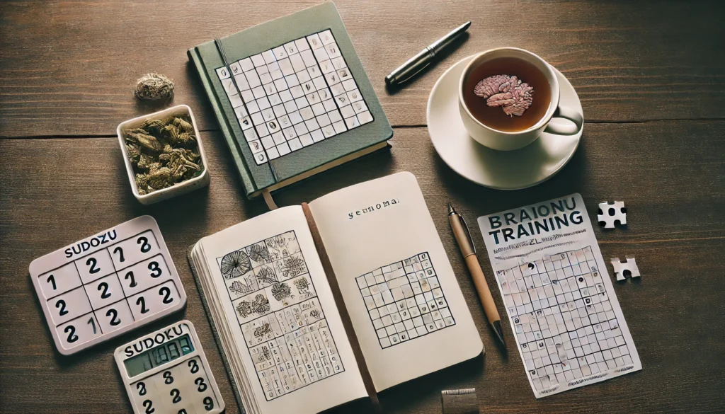 A flat lay of a journal, herbal tea, and brain-training puzzles in natural light, illustrating a peaceful routine that enhances cognitive focus and memory retention.