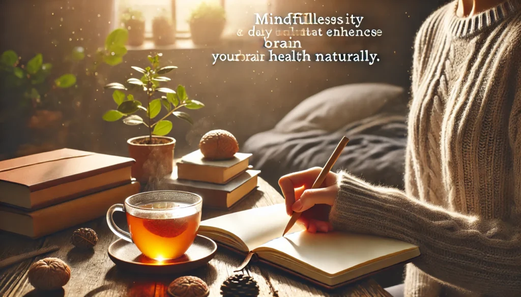 Close-up of a person journaling in a cozy, sunlit room with books, tea, and plants, reflecting mindfulness and routines that support brain health naturally.