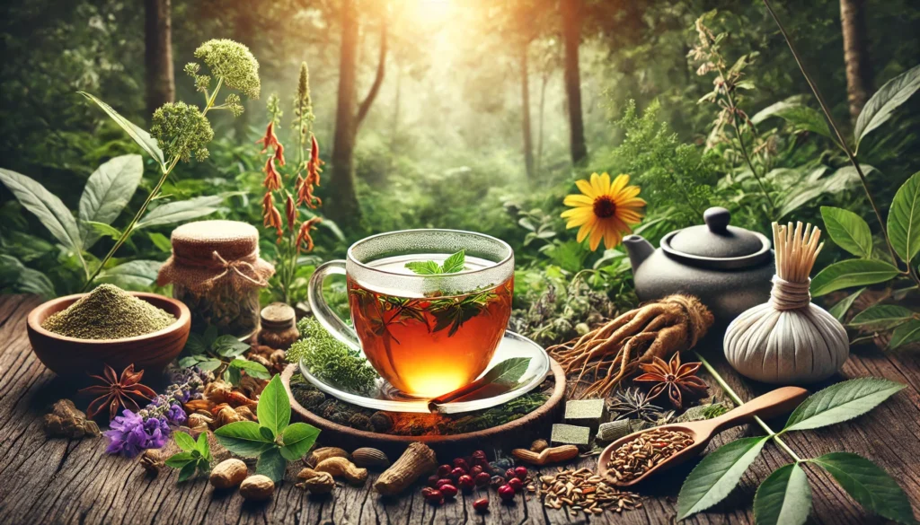 A serene natural setting with a cup of herbal tea infused with nootropic ingredients like ashwagandha, rhodiola, and ginseng, surrounded by calming herbs. The scene exudes relaxation and mental clarity, symbolizing natural remedies for social anxiety.