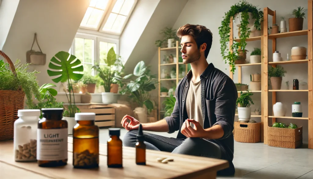A young adult practicing breathwork in a serene, plant-filled room with natural supplements nearby, illustrating mindfulness and non-pharmaceutical strategies for sustained attention.