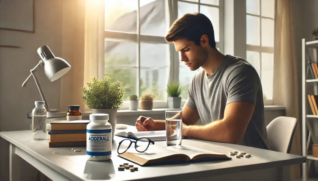 Focused young adult studying at a minimalist desk near a sunlit window, with supplement bottles and study materials, conveying natural ways to improve focus and energy without Adderall.
