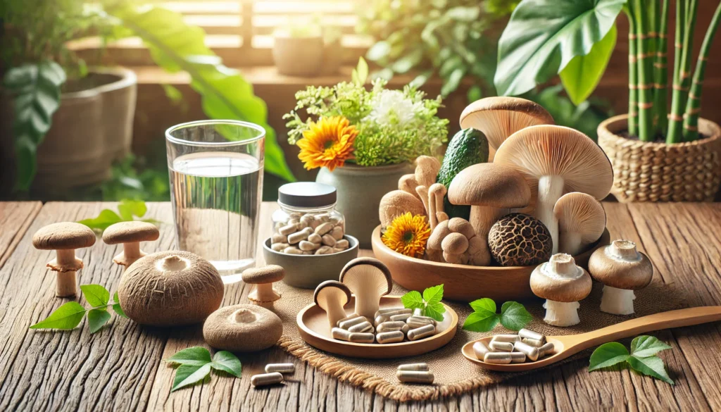 A rustic wooden table featuring fresh mushrooms like shiitake, maitake, lion’s mane, and reishi alongside a small bowl of mushroom extract capsules and a glass of water, with green leaves in the background symbolizing natural health and weight loss support.