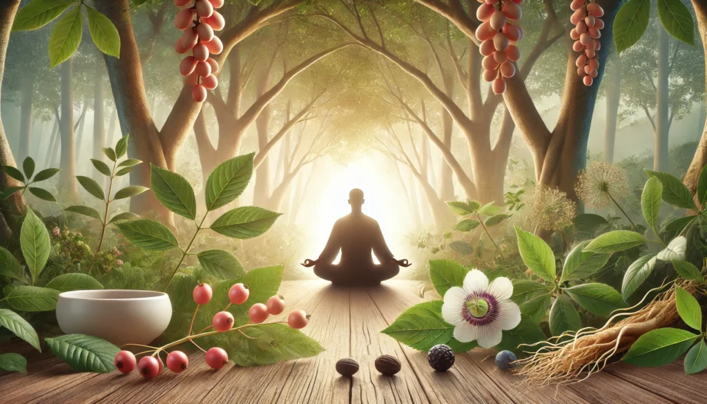 Peaceful outdoor meditation setting surrounded by natural nootropic plants like ginseng, guarana berries, and tea leaves — evoking balanced energy, brain health, and calm focus from legal OTC stimulants.