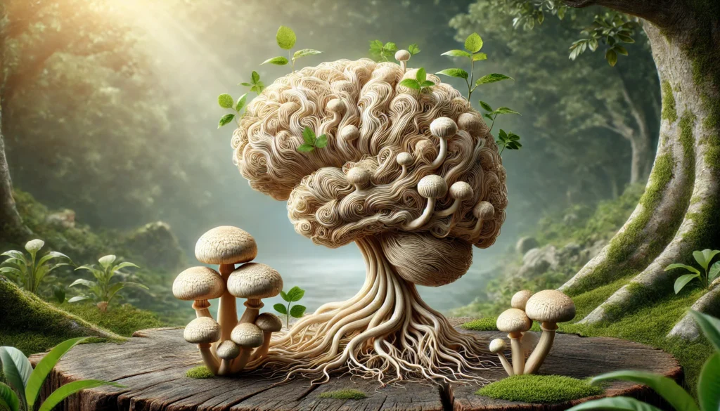 A natural setting featuring a brain shape formed from mycelium and Lion’s Mane mushrooms, symbolizing cognitive enhancement through natural nootropics.