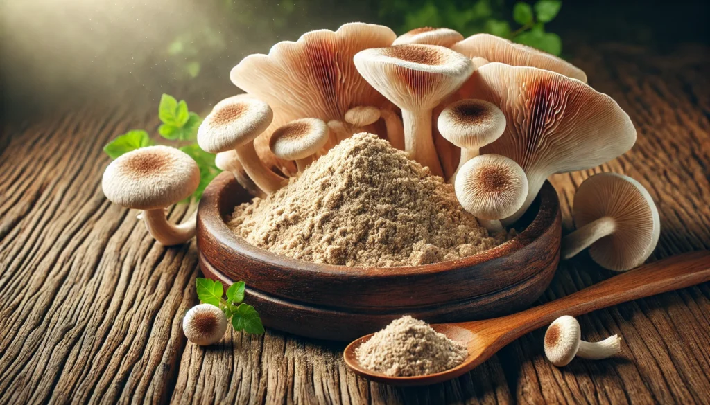 “Lion’s Mane mushroom powder in a wooden bowl surrounded by fresh Lion’s Mane mushrooms on a rustic wooden table, captured in natural earthy lighting.”