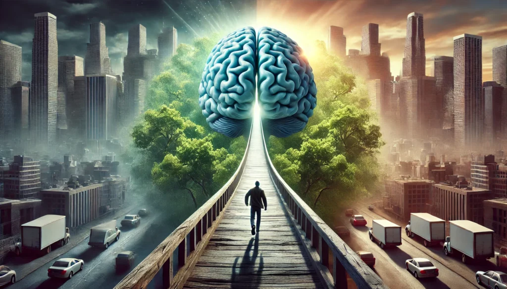 A surreal image of a person walking across a bridge shaped like a brain, transitioning from a dark urban chaos into a serene forest, representing the mental journey from stimulant addiction to cognitive clarity and well-being.