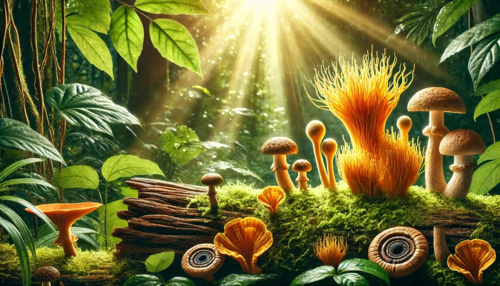 Adaptogenic mushrooms including Lion’s Mane, Cordyceps, and Reishi growing in a lush green forest with sunlight streaming through trees, symbolizing natural brain health and mental clarity.
