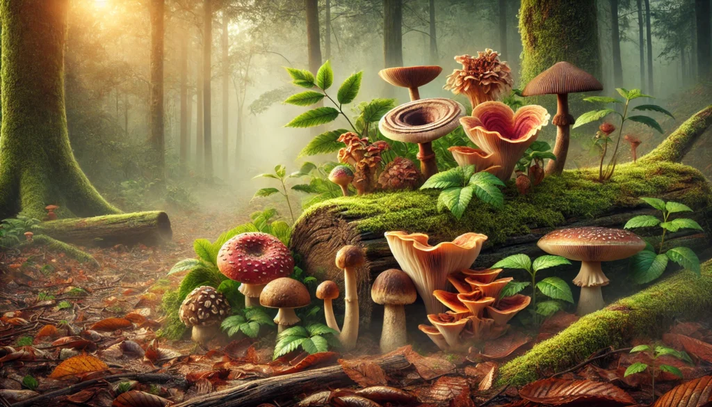 Colorful medicinal mushrooms including reishi, lion’s mane, chaga, cordyceps, and shiitake growing naturally on a misty forest floor with moss and fallen leaves.