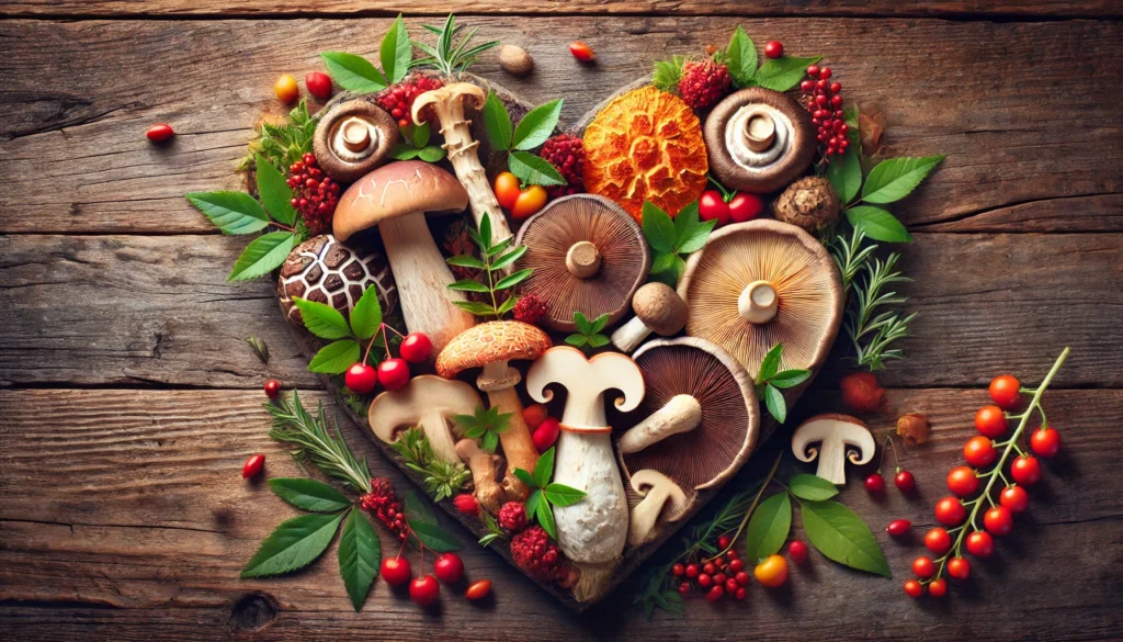 A variety of medicinal mushrooms including Reishi, Shiitake, and Maitake displayed on a rustic wooden surface with red berries and green leaves, symbolizing heart health and natural circulation support.