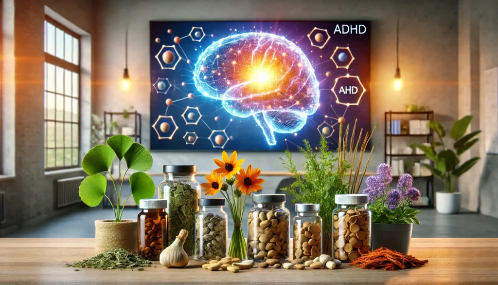 A modern workspace with a glowing brain hologram in the background, surrounded by natural nootropic supplements such as Ginkgo Biloba, Bacopa Monnieri, Rhodiola Rosea, and Panax Ginseng, symbolizing cognitive enhancement and focus.