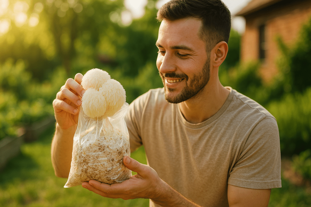 A large Lion’s Mane mushroom bursts from a clear plastic grow bag, sitting atop a rustic wooden table under moody, directional lighting that casts deep shadows. The mushroom’s shaggy white tendrils are highly detailed, embodying the texture and natural growth process explored in guides on how to grow Lion’s Mane mushrooms at home.