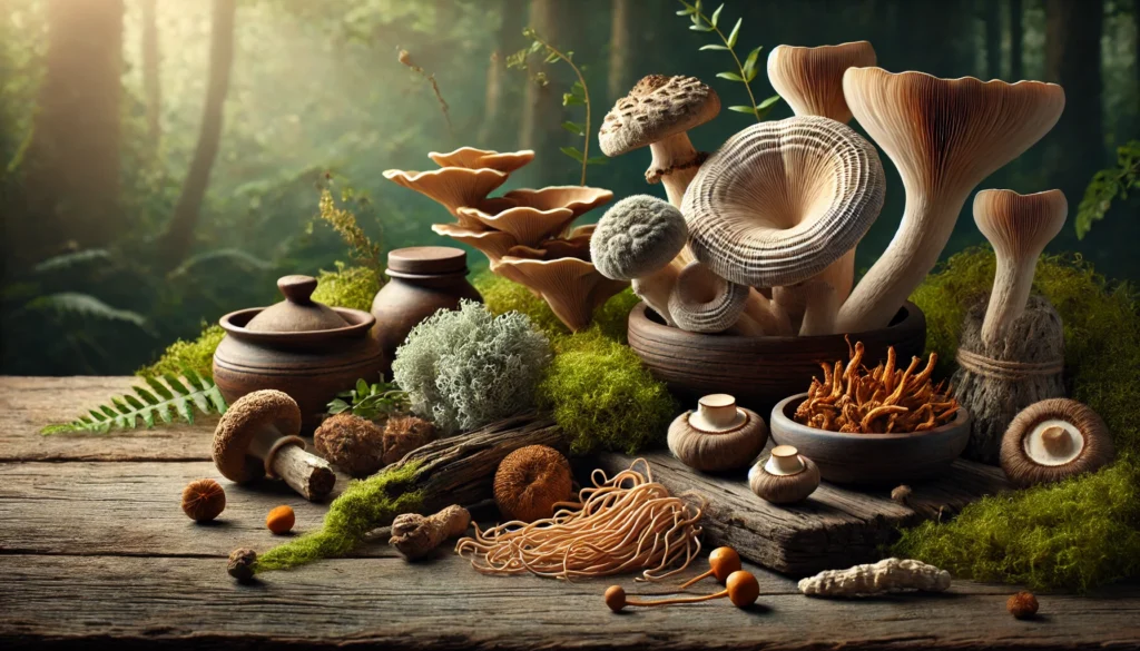Assortment of organic medicinal mushrooms including lion’s mane, reishi, and cordyceps displayed on a rustic wooden table with forest elements like moss and bark in soft natural lighting.